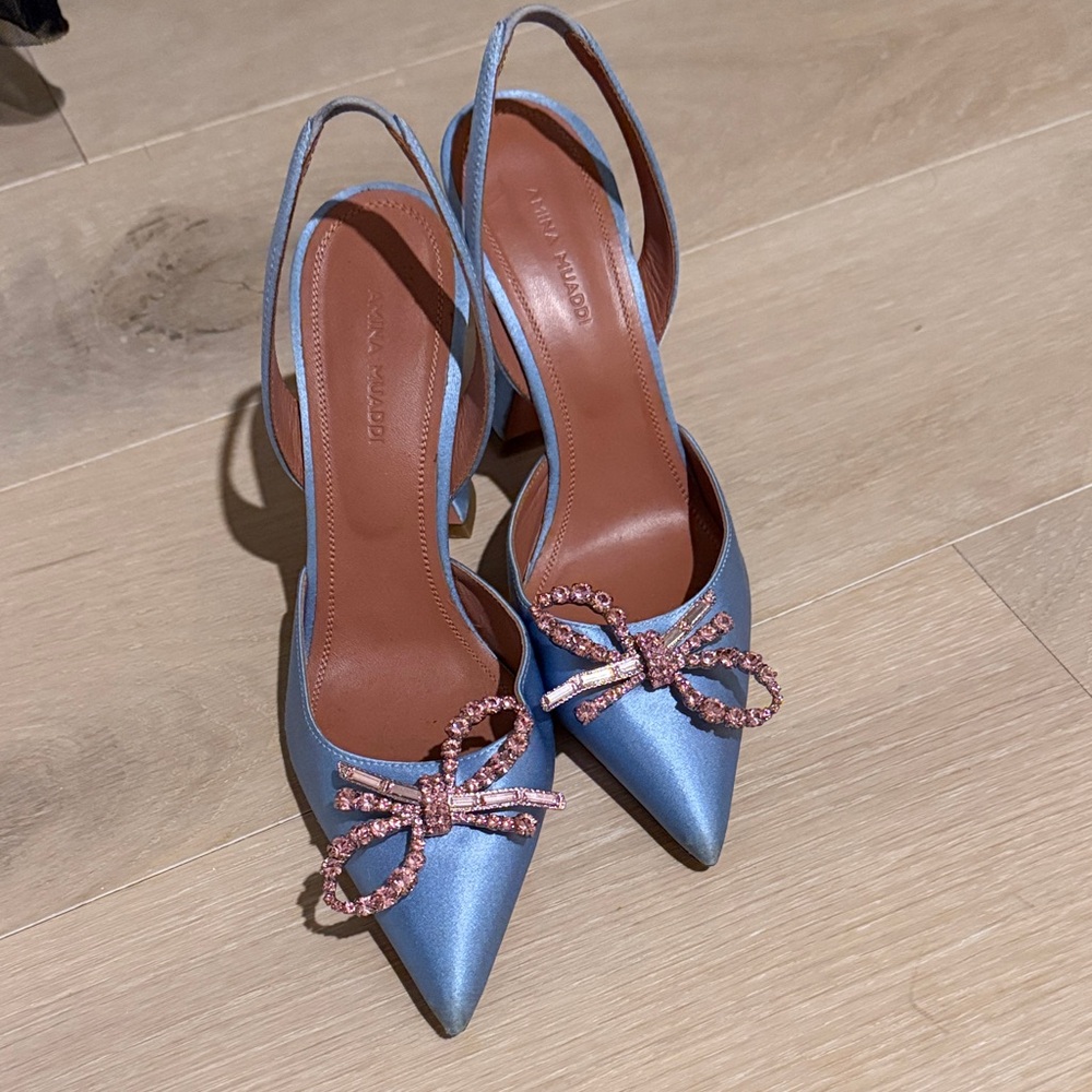 Amina Muaddi Blue Heels with Pink Bow Embellishments